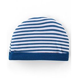 Babyhug 100% Cotton Knit Striped Cap with Lion Applique - Navy Blue