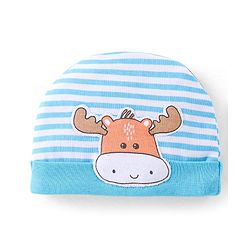 Babyhug 100% Cotton Knit Striped Cap with Moose Applique - Blue
