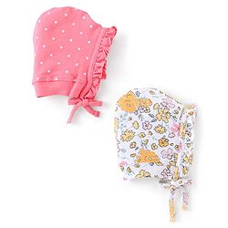Babyhug 100% Cotton Tie-Knot Bonnet Bonnet Caps Floral & Polka Dots Print Pack of 2 - Pink & White