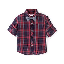 Babyhug Cotton Woven Full Sleeves Shirt Checkered with Bow - Navy Blue & Red