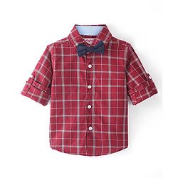 Babyhug Cotton Woven Full Sleeves Shirt Checkered with Bow - Maroon