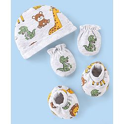 Babyhug 100% Cotton Knit Cap Mittens & Booties Set Teddy Print - Grey