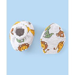 Babyhug 100% Cotton Knit Cap Mittens & Booties Set Teddy Print - Grey