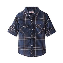 Babyhug 100% Cotton Woven Full Sleeve Check Regular Collar Double Pocket Shirt - Navy Blue
