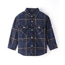 Babyhug 100% Cotton Woven Full Sleeve Check Regular Collar Double Pocket Shirt - Navy Blue