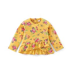 Babyhug 100% Cotton Full Sleeves Winter Top Floral Print & Frill Detailing - Yellow
