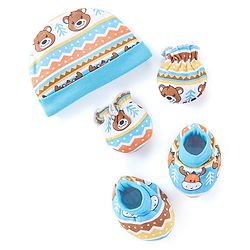 Babyhug 100% Cotton Knit Cap Mittens & Booties Set Teddy Print - Blue