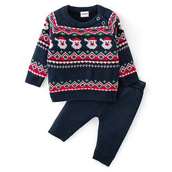 Babyhug Knitted Full Sleeves Sweater Set Christmas Theme Design - Navy Blue