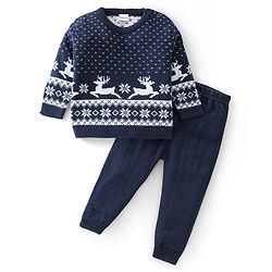 Babyhug Knitted Full Sleeves Sweater Set Deer Design - Navy Blue