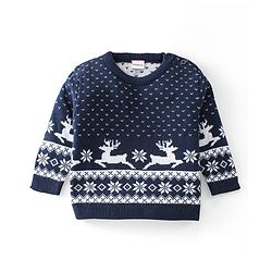 Babyhug Knitted Full Sleeves Sweater Set Deer Design - Navy Blue