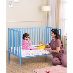 Babyhug Visby Wooden Cot - 3 Level Height Adjustment | Plug & Play Assembly | New Zealand Pine Wood | Parent Bed Attachment | Crib | Day Bed | Toddler Bed - Blue