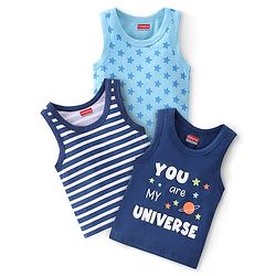 Babyhug 100% Cotton Knit Sleeveless Sando Stars Print Pack of 3 - Blue