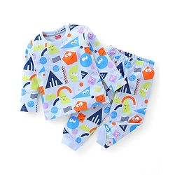 Babyhug Cotton Knit Full Sleeves Shapes Print Night Suit - Blue