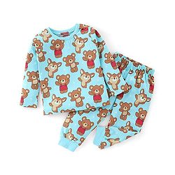 Babyhug Cotton Knit Full Sleeves Teddy Print Night Suit - Blue