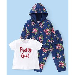 Babyhug 100% Cotton Knit Full Sleeves Hooded Jacket with T-Shirt & Lounge Pant Floral Print - Navy Blue & White