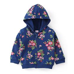 Babyhug 100% Cotton Knit Full Sleeves Hooded Jacket with T-Shirt & Lounge Pant Floral Print - Navy Blue & White
