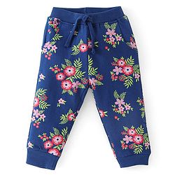Babyhug 100% Cotton Knit Full Sleeves Hooded Jacket with T-Shirt & Lounge Pant Floral Print - Navy Blue & White