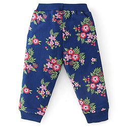 Babyhug 100% Cotton Knit Full Sleeves Hooded Jacket with T-Shirt & Lounge Pant Floral Print - Navy Blue & White