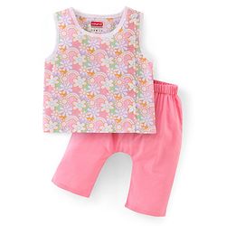 Babyhug Cotton Woven Sleeveless Vest & Pajama Set Floral Print - Pink