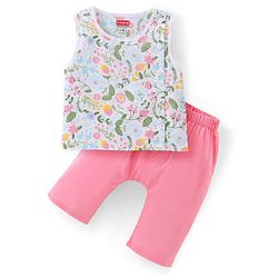 Babyhug Cotton Woven Sleeveless Vest & Pajama Set Floral Print - Pink