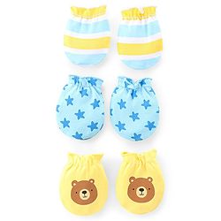 Babyhug 100% Cotton Knit Mittens Star & Bear Print Pack of 3- Blue & Yellow
