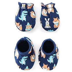 Babyhug 100% Cotton Interlock Knit Mittens And Booties Dino Print - Navy Blue