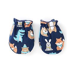 Babyhug 100% Cotton Interlock Knit Mittens And Booties Dino Print - Navy Blue
