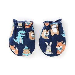 Babyhug 100% Cotton Interlock Knit Mittens And Booties Dino Print - Navy Blue