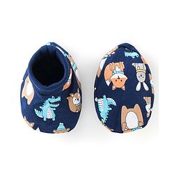 Babyhug 100% Cotton Interlock Knit Mittens And Booties Dino Print - Navy Blue