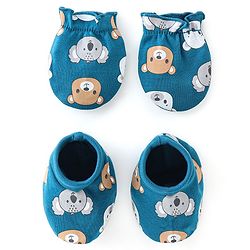Babyhug 100% Cotton Mittens & Booties Bear Print - Blue