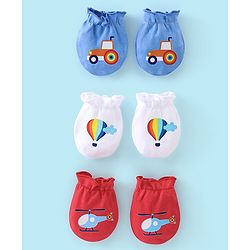 Babyhug 100% Cotton Knit Mittens Car Print Pack Of 3 - Multicolor