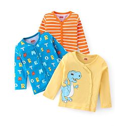 Babyhug 100% Cotton Full Sleeves Front Button Antibacterial Vest Dino Print Pack of 3 - Multicolour