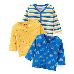 Babyhug 100% Cotton Knit Full Sleeves Striped & Text Printed Antibacterial Vests Pack of 3 - Blue & Yellow