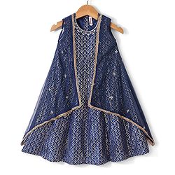 Babyhug Sleeveless Foil Printed Long Ethnic Dress with Embroidered Net Jacket - Navy
