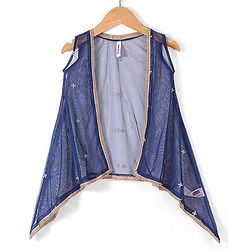 Babyhug Sleeveless Foil Printed Long Ethnic Dress with Embroidered Net Jacket - Navy