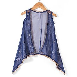 Babyhug Sleeveless Foil Printed Long Ethnic Dress with Embroidered Net Jacket - Navy