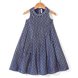 Babyhug Sleeveless Foil Printed Long Ethnic Dress with Embroidered Net Jacket - Navy