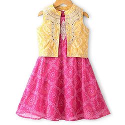 Babyhug Sleeveless Bandhani Printed Long Dress with Embroidered Jacket Set - Yellow & Fuschia