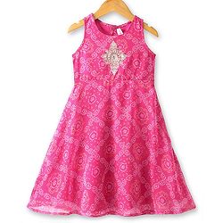 Babyhug Sleeveless Bandhani Printed Long Dress with Embroidered Jacket Set - Yellow & Fuschia