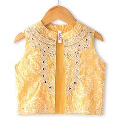 Babyhug Sleeveless Bandhani Printed Long Dress with Embroidered Jacket Set - Yellow & Fuschia