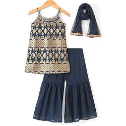 Babyhug Sleeveless Foil Printed Kurti Sharara and Dupatta Set - Navy Blue