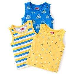 Babyhug 100% Cotton Anti Bacterial Sleeveless Sando With Alphabet Print Pack of 3 - Yellow & Blue