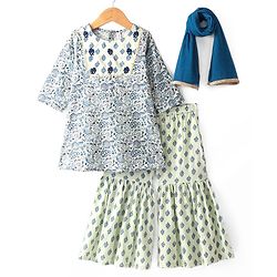 Babyhug Cotton Three Fourth Sleeves Kurta Sharara Set with Dupatta Floral Printed - Blue