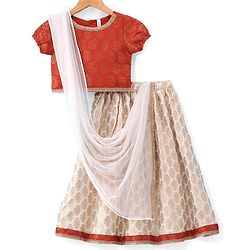 Babyhug Woven Half Sleeve Bocade Pattu Pavada Lehenga Choli and Dupatta Set Ikat Print - Maroon & White
