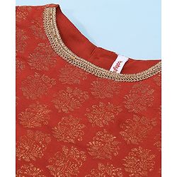 Babyhug Woven Half Sleeve Bocade Pattu Pavada Lehenga Choli and Dupatta Set Ikat Print - Maroon & White