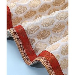 Babyhug Woven Half Sleeve Bocade Pattu Pavada Lehenga Choli and Dupatta Set Ikat Print - Maroon & White