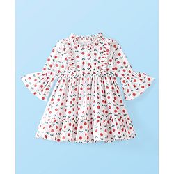 Babyhug 100% Cotton Woven Three Fourth Sleeves Floral Printed Ethnic Dress With Frill Detailing - White