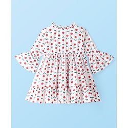 Babyhug 100% Cotton Woven Three Fourth Sleeves Floral Printed Ethnic Dress With Frill Detailing - White