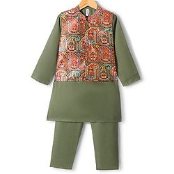 Babyhug 100% Cotton Woven Full Sleeves Kurta & Pyjama Set With Ikat Print Jacket - Green