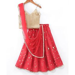 Babyhug Woven Sleeveless Sequenced Choli With Embroidered Lehenga And Dupatta - Red